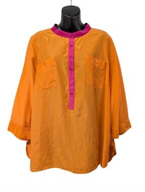 JCPenney 3X Orange Pink Silk Blend 3/4 Sleeve Blouse Chest Pockets Button Light